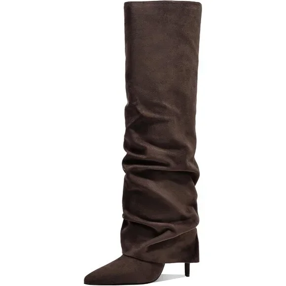 Women's Brown-Suede Knee High Fold Over Wide Calf Pointed Toe Long Heel Boot - Picture 6 of 6
